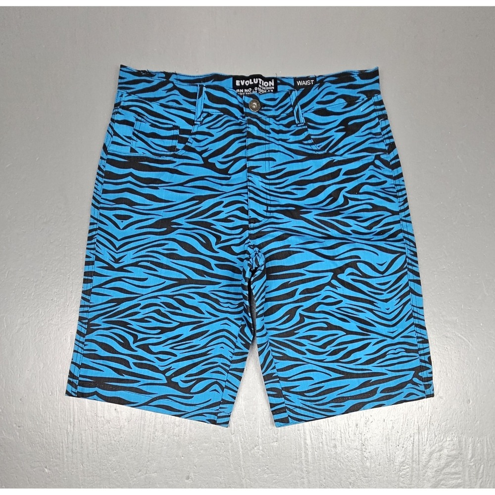 Evolution‎ Denim Artisan Zebra Shorts Mens 40 Blue Skater Hip-Hop Y2K Baggy